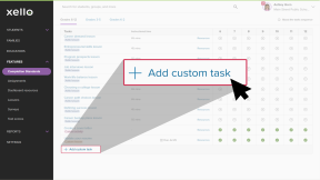 Educator account in Xello on the Completion Standards configuration page. At the bottom of the tasks list, the cursor is selecting Add custom task